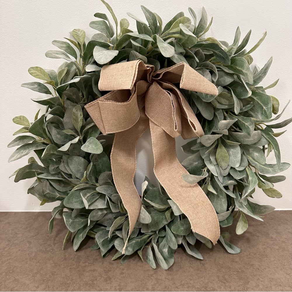 Faux Eucalyptus Lambs Ear Wreath Burlap Bow - Green Soft Silvery Greenery 23”